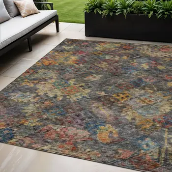 5' X 8' Gray Green And Terra Cotta Floral Washable Indoor Outdoor Area Rug