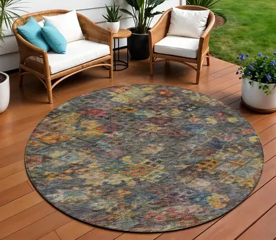 8' Gray Green And Terra Cotta Round Floral Washable Indoor Outdoor Area Rug
