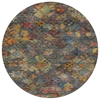 8' Gray Green And Terra Cotta Round Floral Washable Indoor Outdoor Area Rug