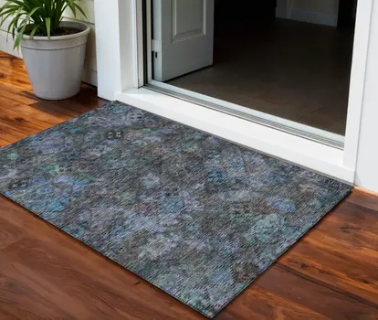 3' X 5' Teal Blue And Charcoal Floral Washable Indoor Outdoor Area Rug
