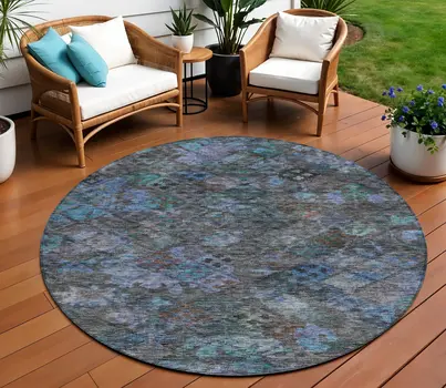 8' Teal Blue And Charcoal Round Floral Washable Indoor Outdoor Area Rug
