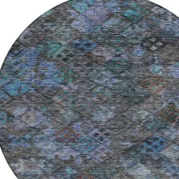 8' Teal Blue And Charcoal Round Floral Washable Indoor Outdoor Area Rug