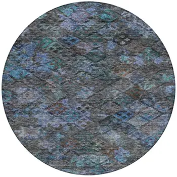 8' Teal Blue And Charcoal Round Floral Washable Indoor Outdoor Area Rug