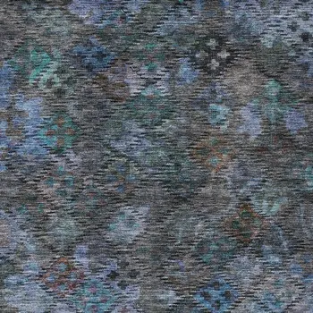 8' X 10' Teal Blue And Charcoal Floral Washable Indoor Outdoor Area Rug