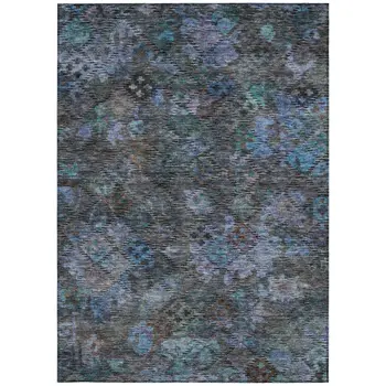 9' X 12' Teal Blue And Charcoal Floral Washable Indoor Outdoor Area Rug