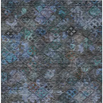 9' X 12' Teal Blue And Charcoal Floral Washable Indoor Outdoor Area Rug