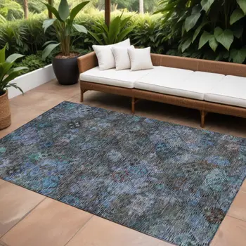 10' X 14' Teal Blue And Charcoal Floral Washable Indoor Outdoor Area Rug