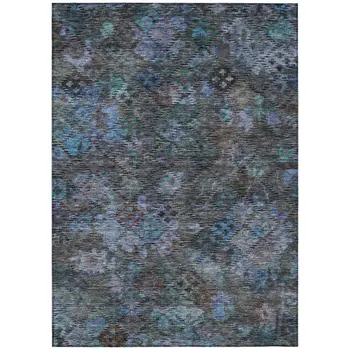 10' X 14' Teal Blue And Charcoal Floral Washable Indoor Outdoor Area Rug