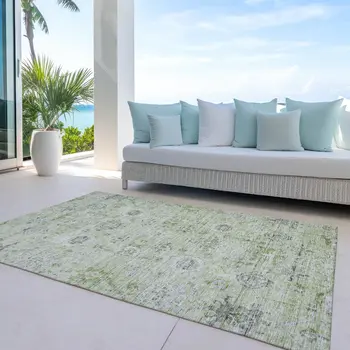 3' X 5' Artichoke Green Beige And Gray Damask Washable Indoor Outdoor Area Rug