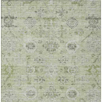 5' X 8' Artichoke Green Beige And Gray Damask Washable Indoor Outdoor Area Rug