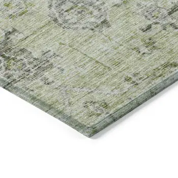 5' X 8' Artichoke Green Beige And Gray Damask Washable Indoor Outdoor Area Rug