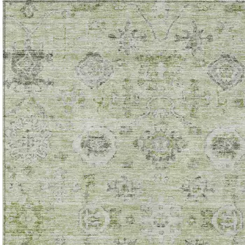 5' X 8' Artichoke Green Beige And Gray Damask Washable Indoor Outdoor Area Rug