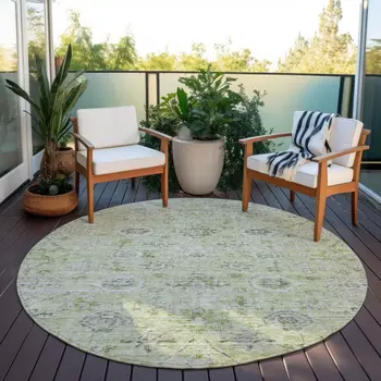 8' Artichoke Green Beige And Gray Round Damask Washable Indoor Outdoor Area Rug