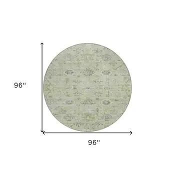 8' Artichoke Green Beige And Gray Round Damask Washable Indoor Outdoor Area Rug