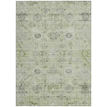 9' X 12' Artichoke Green Beige And Gray Damask Washable Indoor Outdoor Area Rug