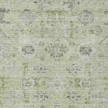 9' X 12' Artichoke Green Beige And Gray Damask Washable Indoor Outdoor Area Rug