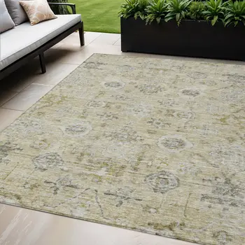 5' X 8' Beige And Gray Damask Washable Indoor Outdoor Area Rug