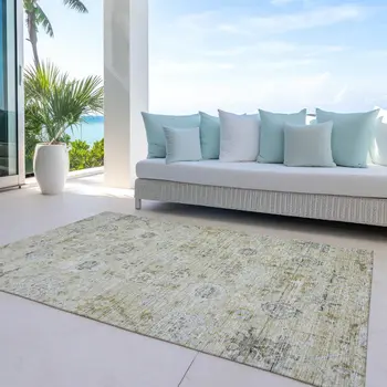 9' X 12' Beige And Gray Damask Washable Indoor Outdoor Area Rug