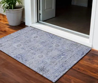 3' X 5' Blue And Gray Damask Washable Indoor Outdoor Area Rug