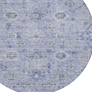 8' Blue And Gray Round Damask Washable Indoor Outdoor Area Rug
