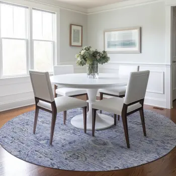 8' Blue And Gray Round Damask Washable Indoor Outdoor Area Rug