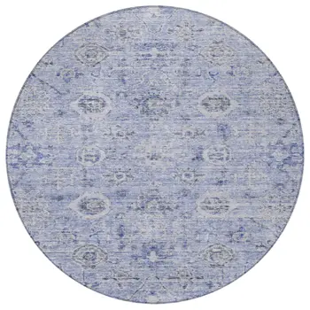 8' Blue And Gray Round Damask Washable Indoor Outdoor Area Rug