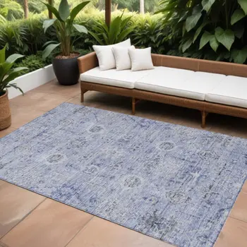 8' X 10' Blue And Gray Damask Washable Indoor Outdoor Area Rug