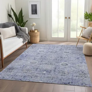 9' X 12' Blue And Gray Damask Washable Indoor Outdoor Area Rug