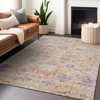 5' X 8' Orange Purple And Teal Blue Damask Washable Indoor Outdoor Area Rug