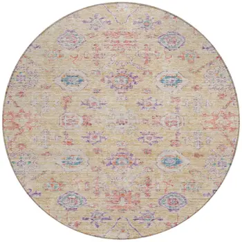 8' Orange Purple And Teal Blue Round Damask Washable Indoor Outdoor Area Rug