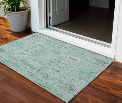 3' X 5' Teal Blue Ivory And Gray Damask Washable Indoor Outdoor Area Rug