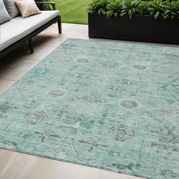 5' X 8' Teal Blue Ivory And Gray Damask Washable Indoor Outdoor Area Rug