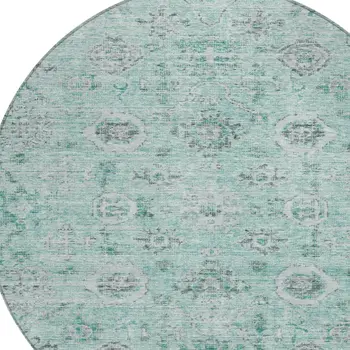 8' Teal Blue Ivory And Gray Round Damask Washable Indoor Outdoor Area Rug