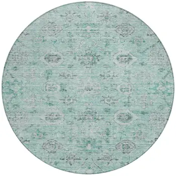 8' Teal Blue Ivory And Gray Round Damask Washable Indoor Outdoor Area Rug