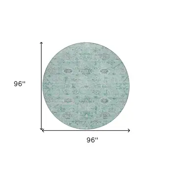 8' Teal Blue Ivory And Gray Round Damask Washable Indoor Outdoor Area Rug