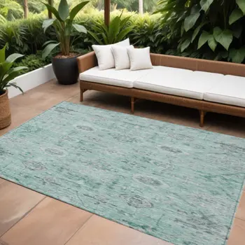 8' X 10' Teal Blue Ivory And Gray Damask Washable Indoor Outdoor Area Rug