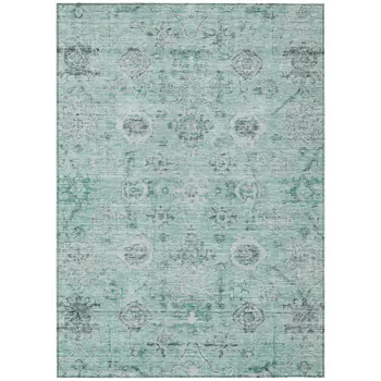 8' X 10' Teal Blue Ivory And Gray Damask Washable Indoor Outdoor Area Rug
