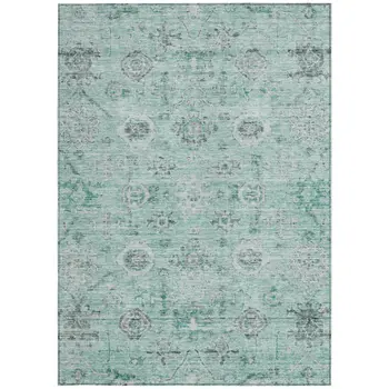 9' X 12' Teal Blue Ivory And Gray Damask Washable Indoor Outdoor Area Rug