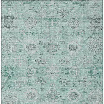 9' X 12' Teal Blue Ivory And Gray Damask Washable Indoor Outdoor Area Rug