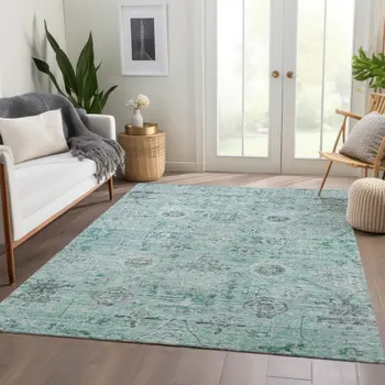 10' X 14' Teal Blue Ivory And Gray Damask Washable Indoor Outdoor Area Rug