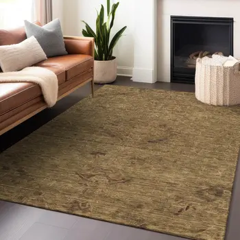 5' X 8' Brown And Tan Floral Washable Indoor Outdoor Area Rug
