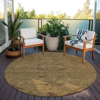 8' Brown And Tan Round Floral Washable Indoor Outdoor Area Rug