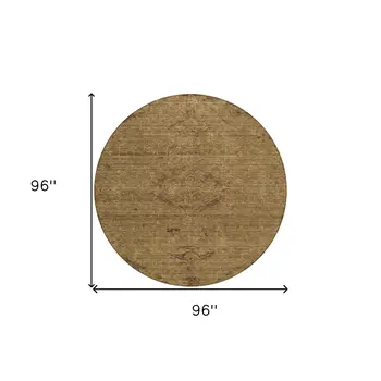 8' Brown And Tan Round Floral Washable Indoor Outdoor Area Rug