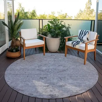 8' Blue And Gray Round Floral Washable Indoor Outdoor Area Rug