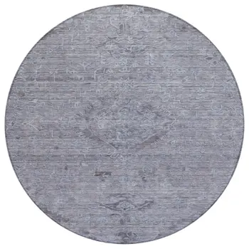 8' Blue And Gray Round Floral Washable Indoor Outdoor Area Rug