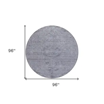 8' Blue And Gray Round Floral Washable Indoor Outdoor Area Rug