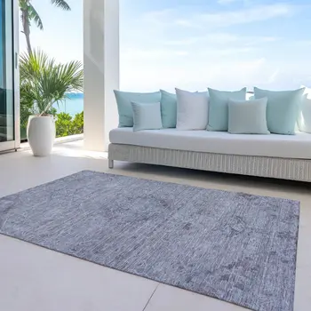 8' X 10' Blue And Gray Floral Washable Indoor Outdoor Area Rug