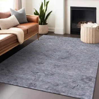 8' X 10' Blue And Gray Floral Washable Indoor Outdoor Area Rug