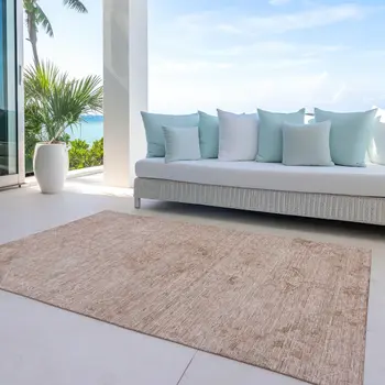 5' X 8' Coral And Tan Floral Washable Indoor Outdoor Area Rug
