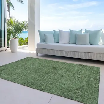 10' X 14' Fern Green And Dark Green Floral Washable Indoor Outdoor Area Rug